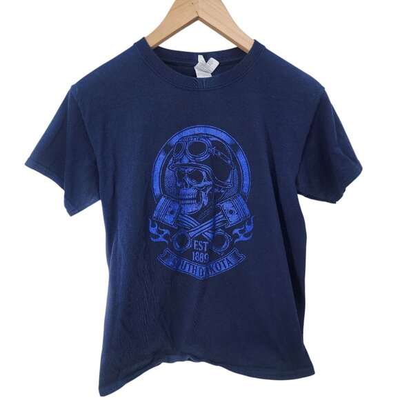 South Dakota Skull & Piston Graphic Tee‎ 100% Cotton Blue Youth Medium - Picture 5 of 5
